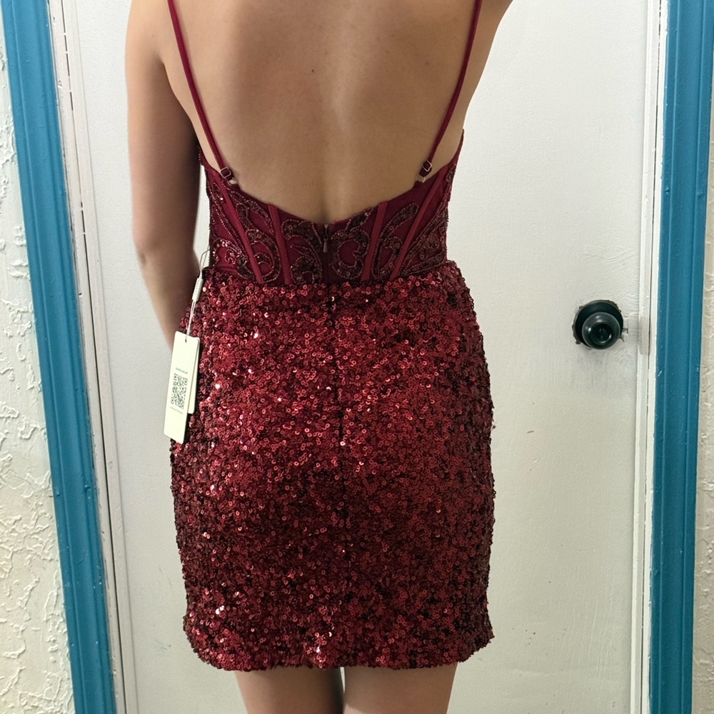 Elegant Burgundy Sequin Mini Dress - Picture 2 of 3